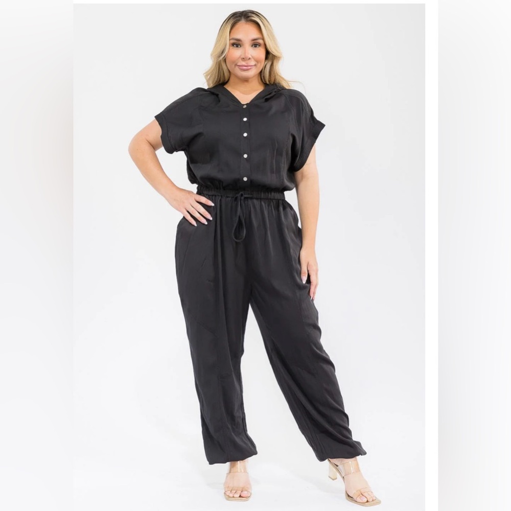Sold Out - PLUS SIZE SHORT SLEEVE BUTTON WAIST HOODED JOGGER JUMPSUIT